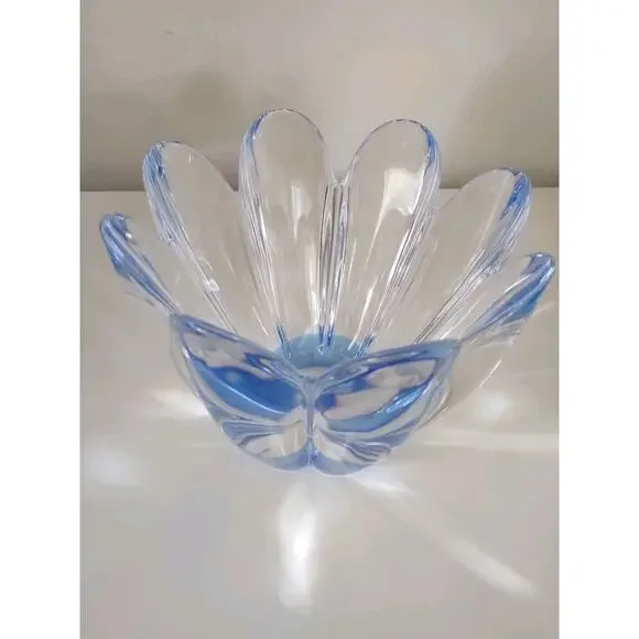 Orrefors Sweden Blue Mayflower Glass Daisy Bowl Signed Heavy Vase Scalloped Edge - Picture 1 of 6